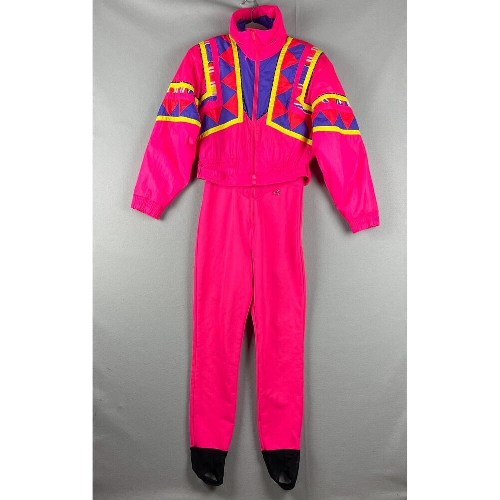 Vintage Obermeyer Ski Suit Women 8 Pink Snowsuit One Piece Snow Bib Neon 80s 90s
